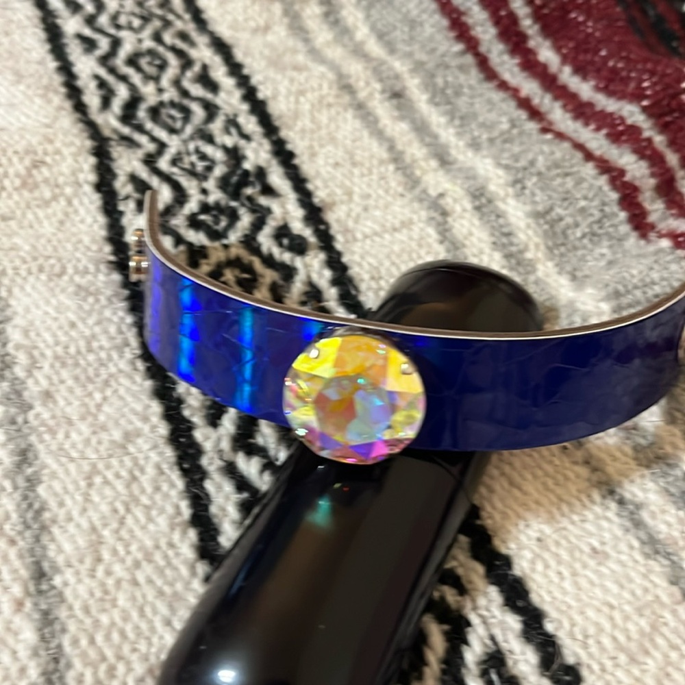 Royal Blue Hologram Leather and Crystal Cuff